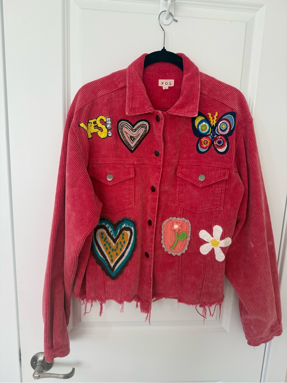 POL Red-Pink Corduroy Jacket with Colorful Embroidered Patches